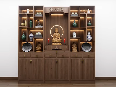 Traditional Wooden Buddhist Shrine Cabinet With Buddha Statue Vases Decorative Items And Lighting 3d model