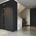 Modern Living Dining Room Interior With Black Cabinets Staircase Marble Floor And Sculpture
