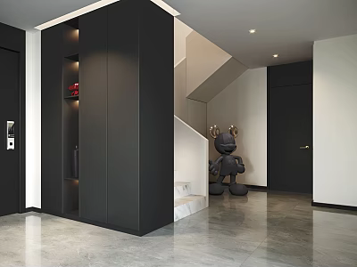 Modern Living Dining Room Interior With Black Cabinets Staircase Marble Floor And Sculpture 3d model