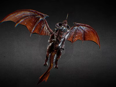 Mythical Red Dragon Flying with Large Membranous Wings Scales and Horned Head Against Dark Background 3d model