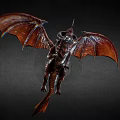 Mythical Red Dragon Flying with Large Membranous Wings Scales and Horned Head Against Dark Background