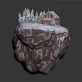 Snow Covered Wooden Cottage On Floating Rock With Green Trees