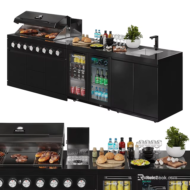 Modern Kitchen Interior With Grill Refrigerator Cabinets Spice Bottles And Potted Plant 3d model 