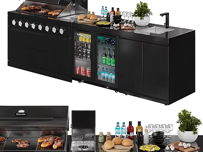 Modern Kitchen Interior With Grill Refrigerator Cabinets Spice Bottles And Potted Plant 3d model