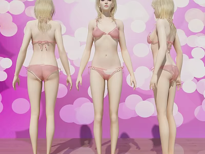 Three Blonde Women in Pink Bikini Standing with Pink White Circular Lights and Wooden Floor 3d model