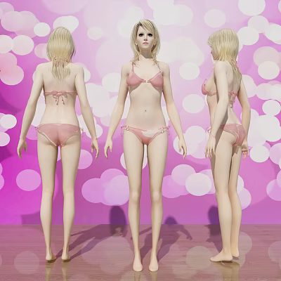 Three Blonde Women in Pink Bikini Standing with Pink White Circular Lights and Wooden Floor 3d model