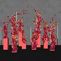 Elegant Floral Installation With Pink Orange Flowers On Columns White Strip Lights And Gray Wall