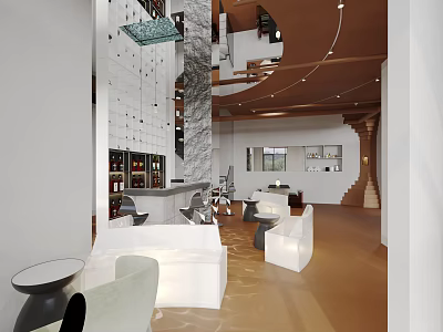 Elegant Open Lounge Interior With Marble Bar Counter Seating Area And Pendant Lighting 3d model