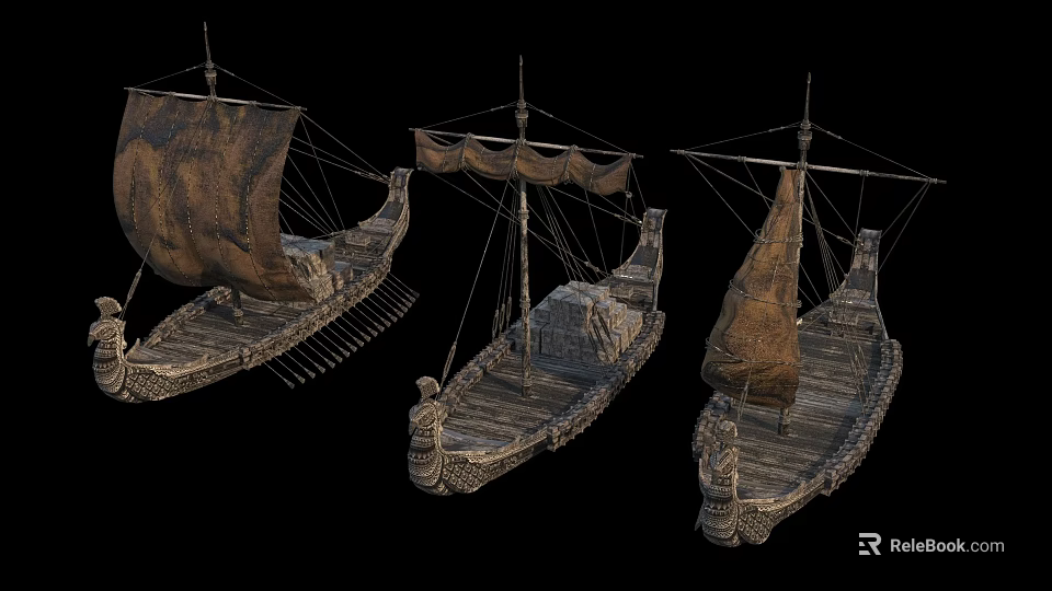 Three Ancient Wooden Sailboats with Brown Sails and Carved Prows Vintage Design 3d model 