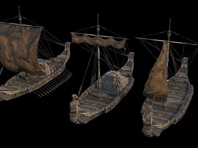 Three Ancient Wooden Sailboats with Brown Sails and Carved Prows Vintage Design 3d model