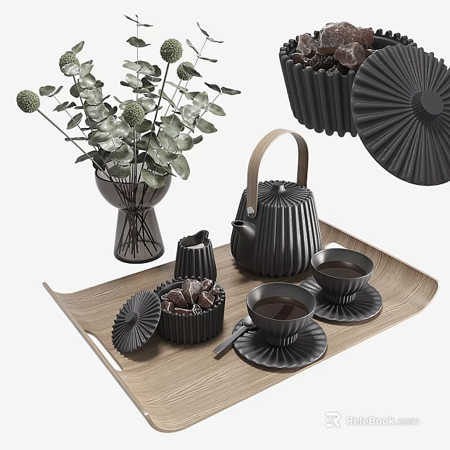 Black Ceramic Tea Set With Teapot Cups Saucers And Wooden Serving Tray 3d model 