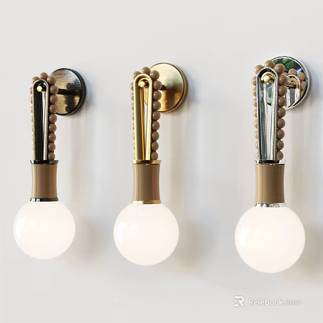 Modern Decorative Wall Lamps Set of Three with Metal Wooden Accent and Round White Bulbs 3d model 