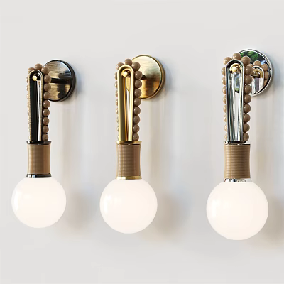 Modern Decorative Wall Lamps Set of Three with Metal Wooden Accent and Round White Bulbs 3d model