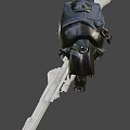 Sci Fi Warrior In Black Armor With Red Accents Standing In Profile And Back Weapon