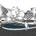 Modern Landscape Sculpture with Stacked White Cubes in Park Surrounded by Green Trees and People