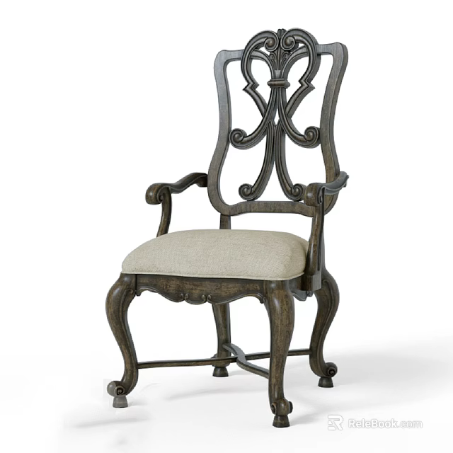 Classic Wooden Dining Chair with Carved Backrest Curved Armrests and Upholstered Seat 3d model 