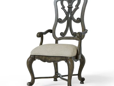 Classic Wooden Dining Chair with Carved Backrest Curved Armrests and Upholstered Seat 3d model