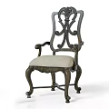 Classic Wooden Dining Chair with Carved Backrest Curved Armrests and Upholstered Seat