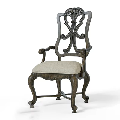Classic Wooden Dining Chair with Carved Backrest Curved Armrests and Upholstered Seat 3d model