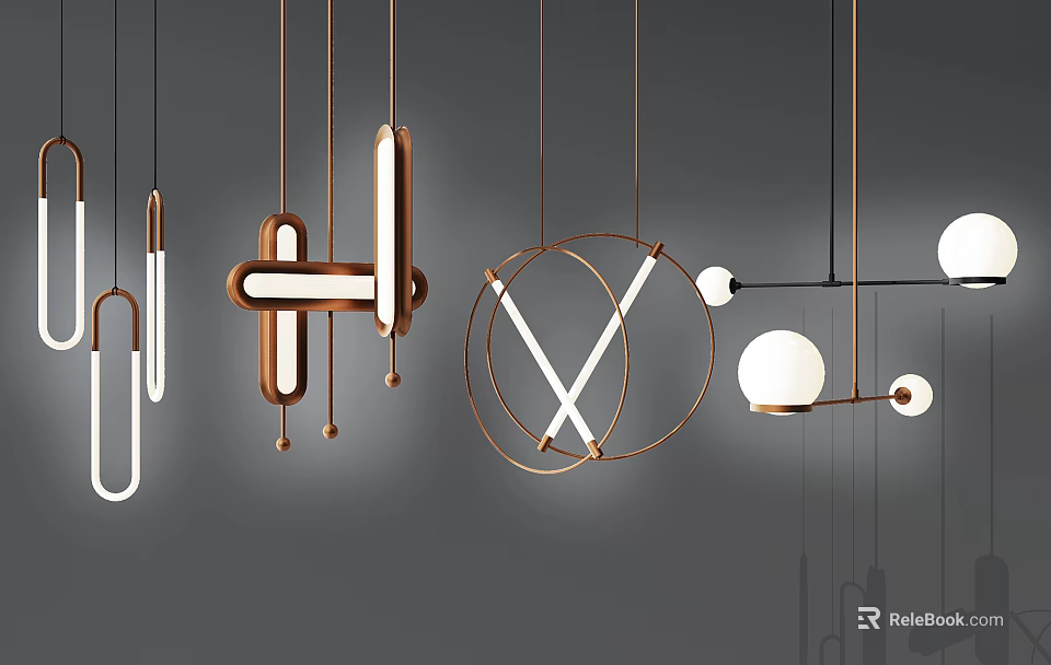 Modern Geometric Pendant Lights With Circular Linear And Cross Metal Frame Designs 3d model 