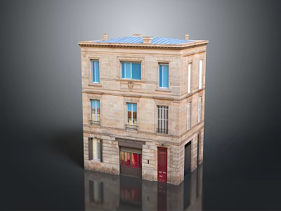 Three Story Brick Building with Classic Windows Red Door and Blue Roof 3d model