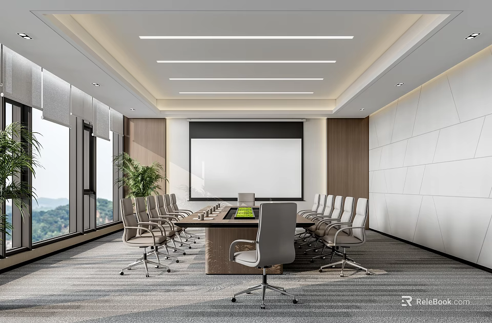 Modern Conference Room Interior With Projection Screen Large Table Chairs Windows And Plants 3d model 
