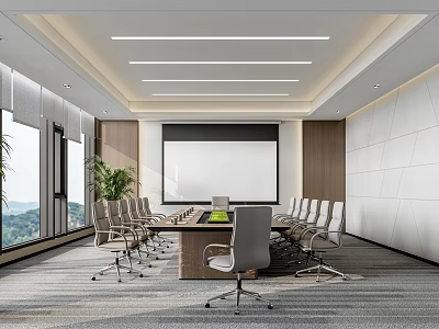 Modern Conference Room Interior With Projection Screen Large Table Chairs Windows And Plants 3d model
