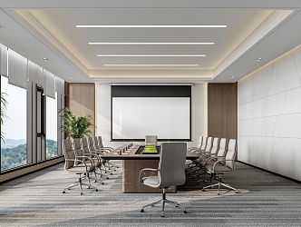 Modern Conference Room Conference Table and Chair Combination Projector Projection Curtain Office Chair Green Plant Potted Plant Office Ceiling 3d model