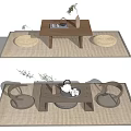 Modern Wooden Tea Table and Chairs with Woven Cushions Green Plant Vase and Tea Set