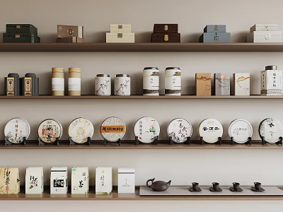 Shelves Display Various Tea Related Daily Items Like Cans Cakes Teaware 3d model