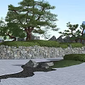 Urban Garden Landscape With Pine Trees Stone Walls Trimmed Hedges And Grass