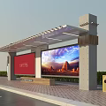 Modern Bus Station With Red Advertising Billboard Information Display And Roof Canopy
