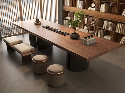 Modern Wooden Tea Table And Chairs With Round Stools Bookshelf Potted Plant And Natural Light 3d model