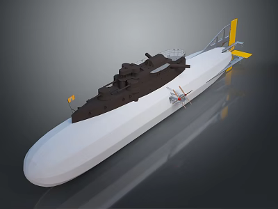 White And Brown Military Submarine With Yellow Tail Fins And Top Weapon Structures 3d model