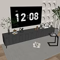 Modern Sleek TV Stand With TV Decorative Items Books Potted Plants And Circular Wall Decor
