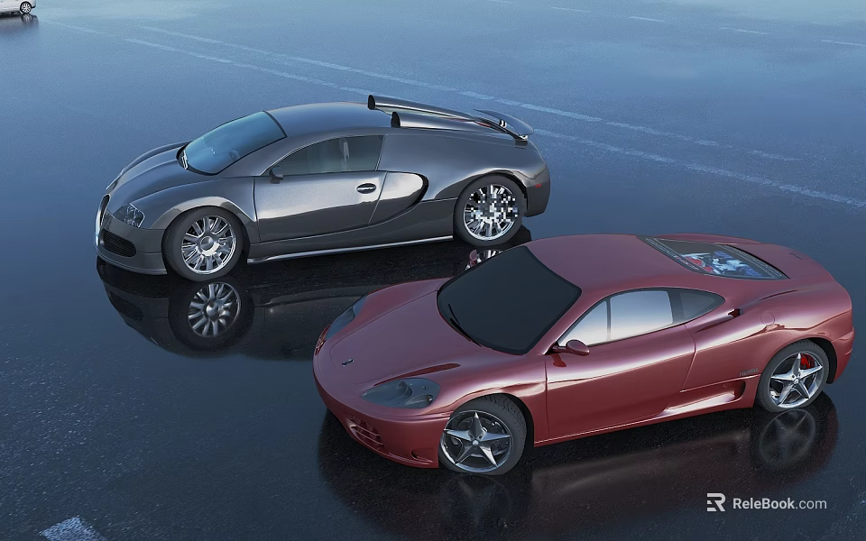 Two Stylish Sports Cars Silver And Red Parked On Shiny Wet Surface 3d model 