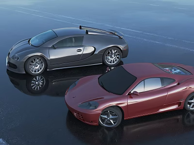 Two Stylish Sports Cars Silver And Red Parked On Shiny Wet Surface 3d model