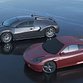 Two Stylish Sports Cars Silver And Red Parked On Shiny Wet Surface