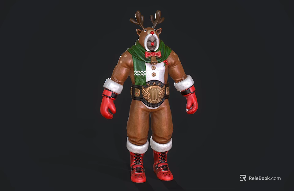 Muscular Game Movie Character With Reindeer Antlers Green Scarf Red Gloves And Boots 3d model 