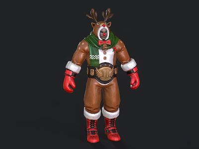 Muscular Game Movie Character With Reindeer Antlers Green Scarf Red Gloves And Boots 3d model
