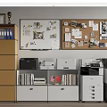 Practical Office Appliances in Organized Office with Filing Cabinets Bookshelves Cork Boards and Whiteboards