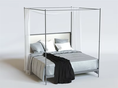 Modern Metal Canopy Double Bed With White Sheer Curtains Gray Bedding And Black Throw Blanket 3d model