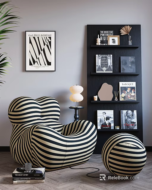 Stylish Black Bookcase With Books Decorative Items Striped Chair Ottoman And Wall Art 3d model 