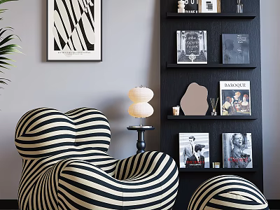 Stylish Black Bookcase With Books Decorative Items Striped Chair Ottoman And Wall Art 3d model