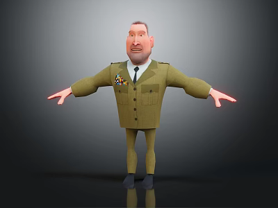 3D Animated Male Character In Green Military Uniform With Medals Arms Outstretched Against Dark Background 3d model