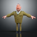 3D Animated Male Character In Green Military Uniform With Medals Arms Outstretched Against Dark Background