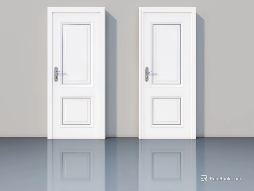 White Modern Hinged Doors With Simple Panel Design Silver Handles And Floor Reflection 3d model