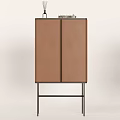 Modern Minimalist Entryway Console Side Cabinet With Brown Leather Panels And Black Metal Frame