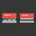 Red Open Front Display Shelves With Brand Signage For Packaged Goods And Reflective Base
