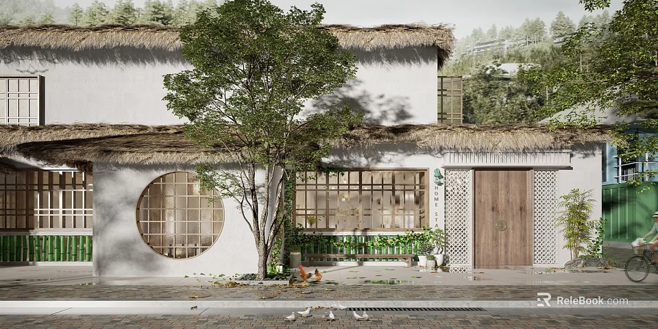 Traditional Boutique Guesthouse With Thatched Roof White Walls Round Window Front Tree Green Plants Chickens 3d model 